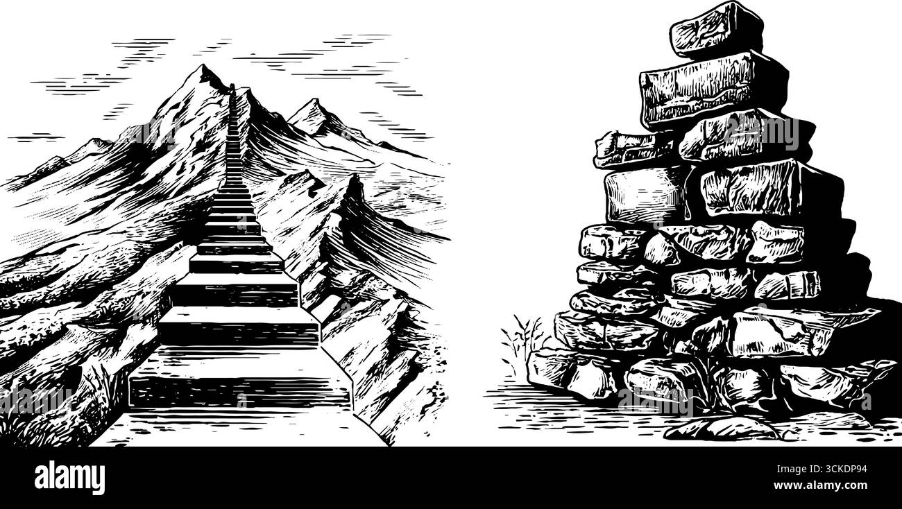 Illustration vintage gravée de marches en ziggourat et structure en pierre antique pour les projets de conception. Illustration de Vecteur