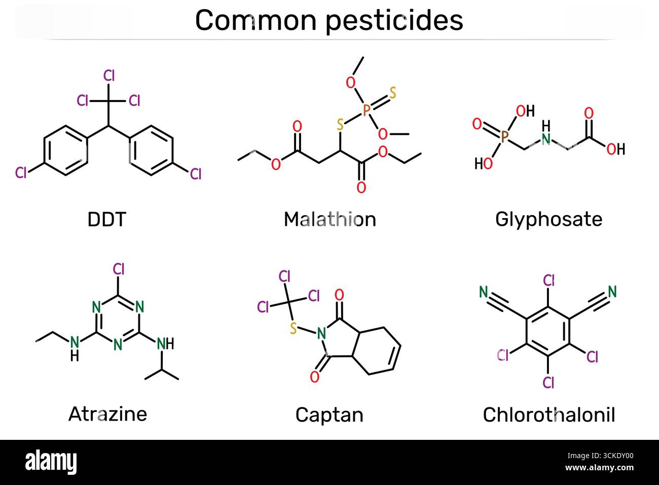 Molécule commune de pesticides. DDT, malathion, glyphosate, atrazine, captane, chlorothalonil Illustration de Vecteur Molécule commune de pesticides. DDT, malathion, glyphosate, atrazine, captane, chlorothalonil Illustration de Vecteur