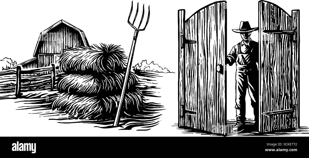 Scène de ferme rustique avec garçon empilant des balles de foin et silhouette de cour de grange. Illustration de Vecteur
