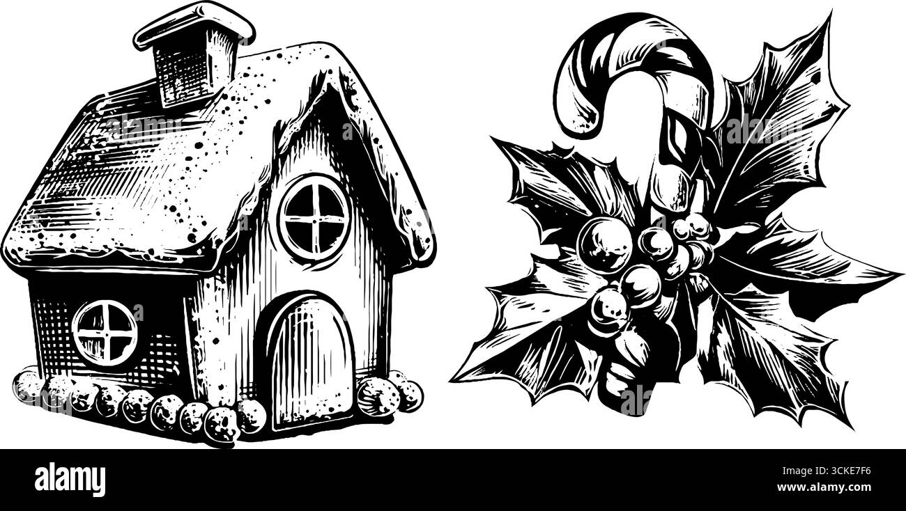 Maison en pain d'épice de Noël et canne à bonbons avec illustration gravée houx pour décor de vacances. Illustration de Vecteur