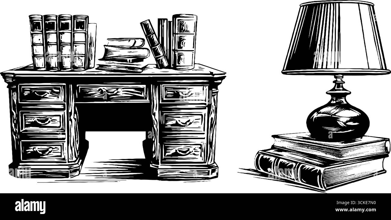 Gravure vintage de bureau en acajou avec lampe et livres pour un design rétro. Illustration de Vecteur