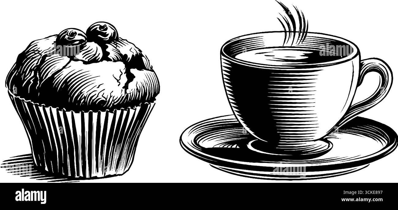 Illustration gravée vintage de muffin aux myrtilles et boisson chaude. Illustration de Vecteur