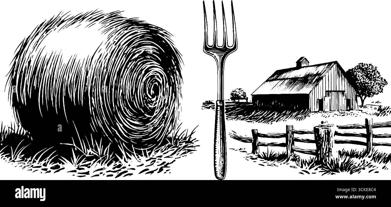 Scène de ferme vintage avec balle de foin et illustration de fourche pour la conception rustique. Illustration de Vecteur