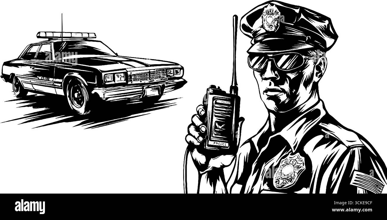 Gravure vintage de la scène de policier et de voiture de patrouille pour la conception rétro. Illustration de Vecteur