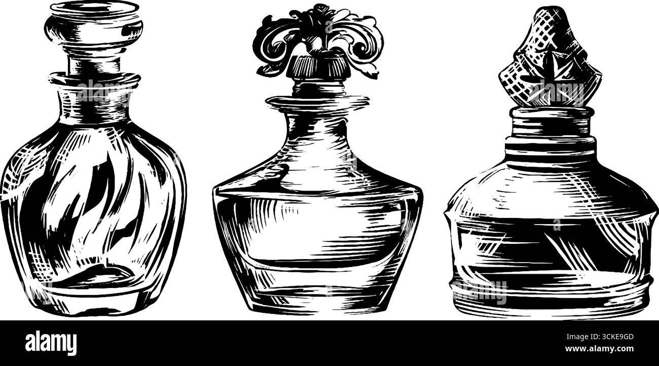 Vintage dessiné à la main illustration gravée ensemble de bouteilles de parfum en verre pour le design rétro et la décoration. Illustration de Vecteur