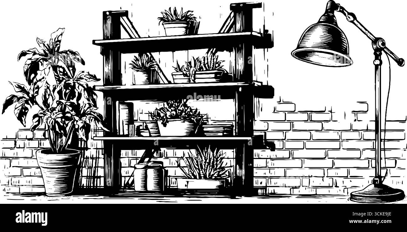 Étagère industrielle en métal avec plantes et lampe de bureau rétro dans un style gravé vintage. Illustration de Vecteur