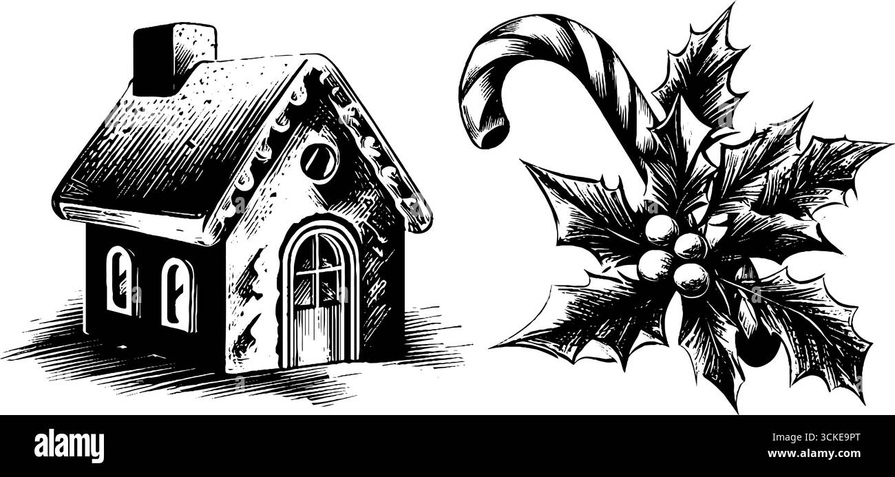 Croquis gravé festif de maison en pain d'épice et canne à bonbons avec houx pour un décor de vacances. Illustration de Vecteur