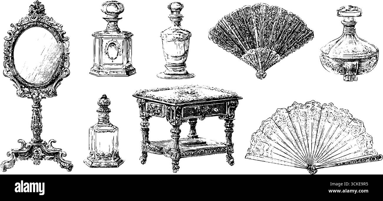 Coiffeuse décorée vintage et ensemble de croquis d'accessoires pour un design rétro. Illustration de Vecteur