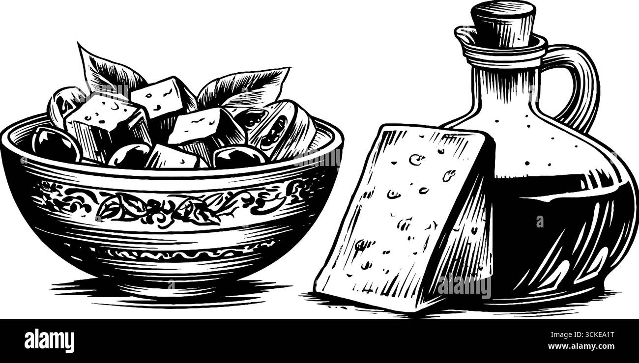 Illustration gravée vintage d'un saladier grec avec une bouteille de fromage et d'huile d'olive. Illustration de Vecteur