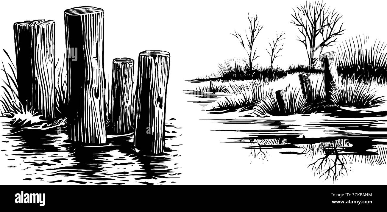 Ensemble d'illustration gravé de l'inondation de printemps dans la prairie pour la conception rétro. Illustration de Vecteur