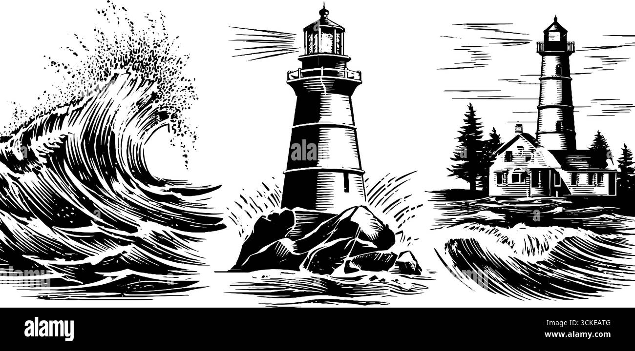Gravure vintage des vagues de tempête et des phares pour la conception nautique. Illustration de Vecteur