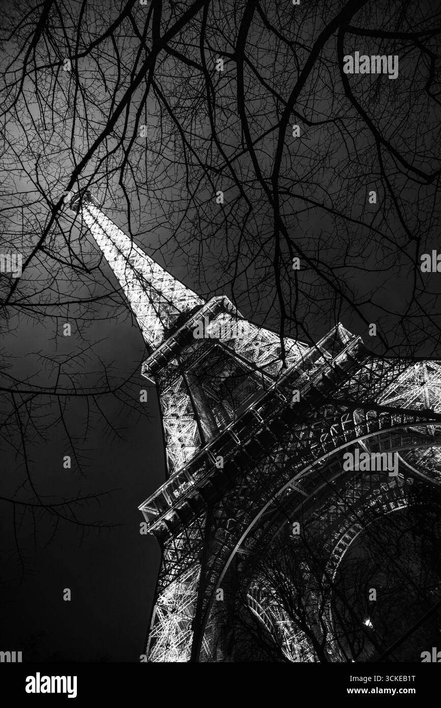 Vue artistique depuis le dessous de la Tour Eiffel à Paris, capturant les motifs géométriques et la beauté architecturale. Banque D'Images