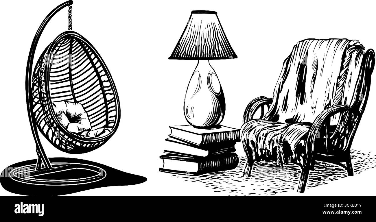 Chaise suspendue en rotin vintage et illustration confortable du coin salon pour le design d'intérieur. Illustration de Vecteur