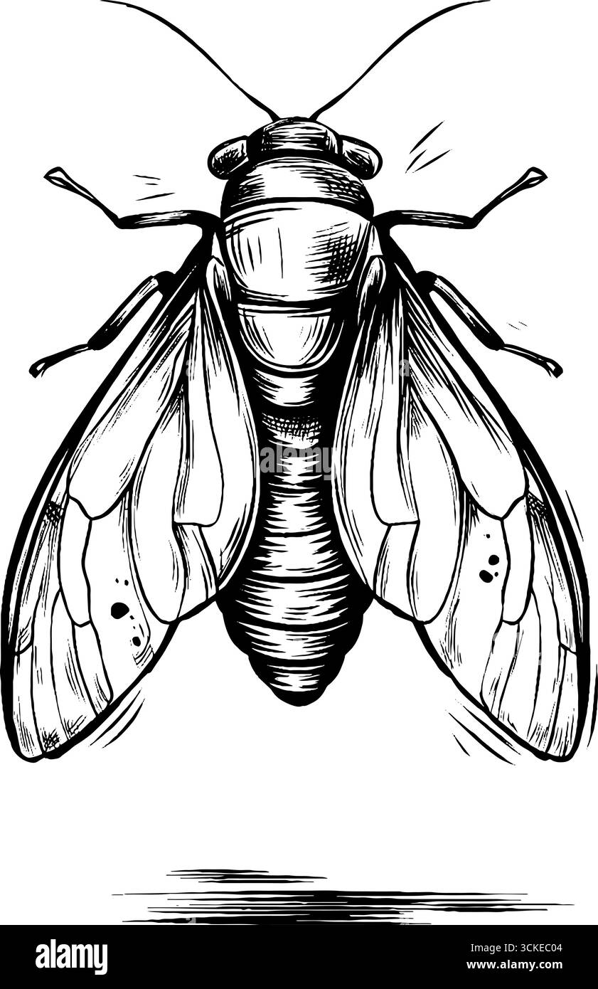 Gravure de cigale complexe avec des lignes noires audacieuses pour un design rétro. Illustration de Vecteur