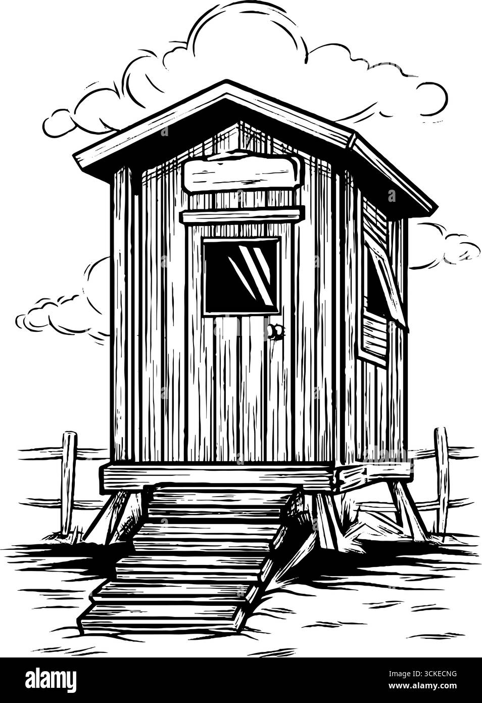 Illustration de gravure de cabane de plage vintage - design d'architecture côtière rétro. Illustration de Vecteur