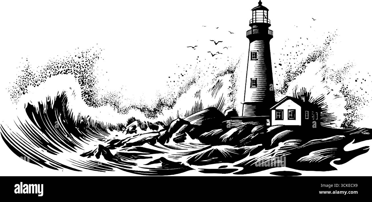 Illustration gravée d'ondes de tempête s'écrasant contre le phare pour le décor nautique et le design. Illustration de Vecteur