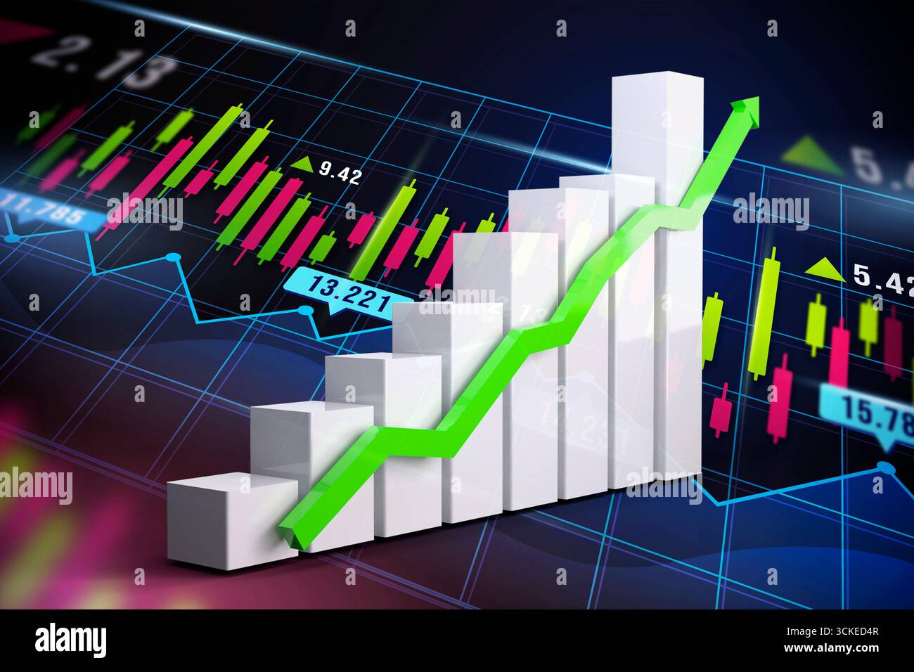 Graphique à barres avec une flèche vers le haut et des données numériques. Économie (affaires, argent, inflation, succès, tarifs, impôts, économie). Banque D'Images