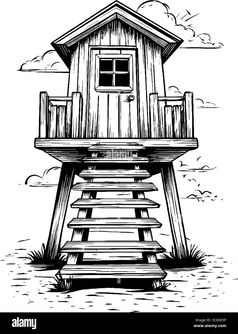 Croquis gravé vintage de cabane de plage surélevée avec échelle et nuages. Illustration de Vecteur