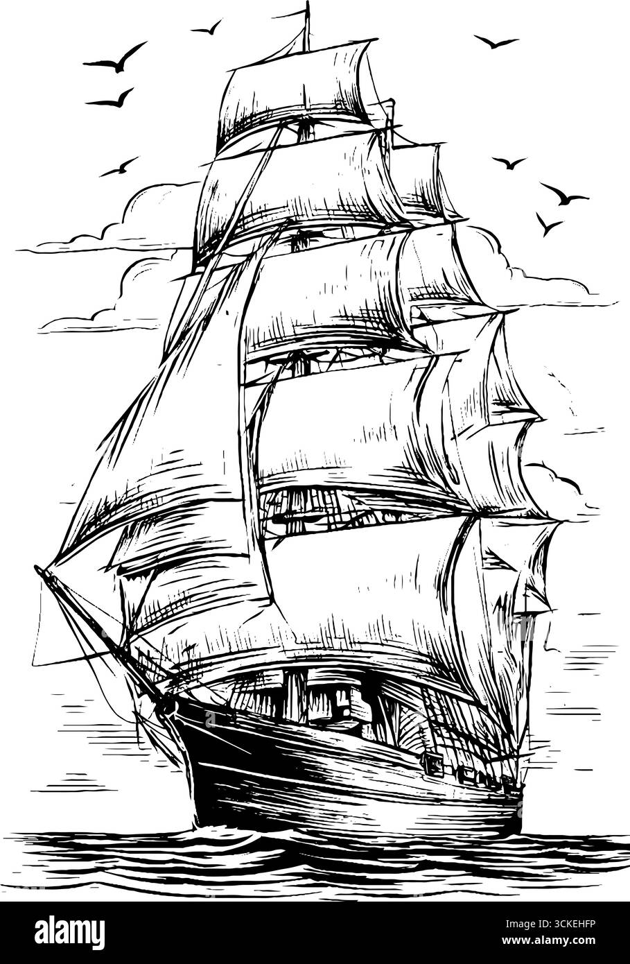 Illustration gravée vintage du bateau clipper en mer avec des oiseaux dans le style dessiné à la main. Illustration de Vecteur