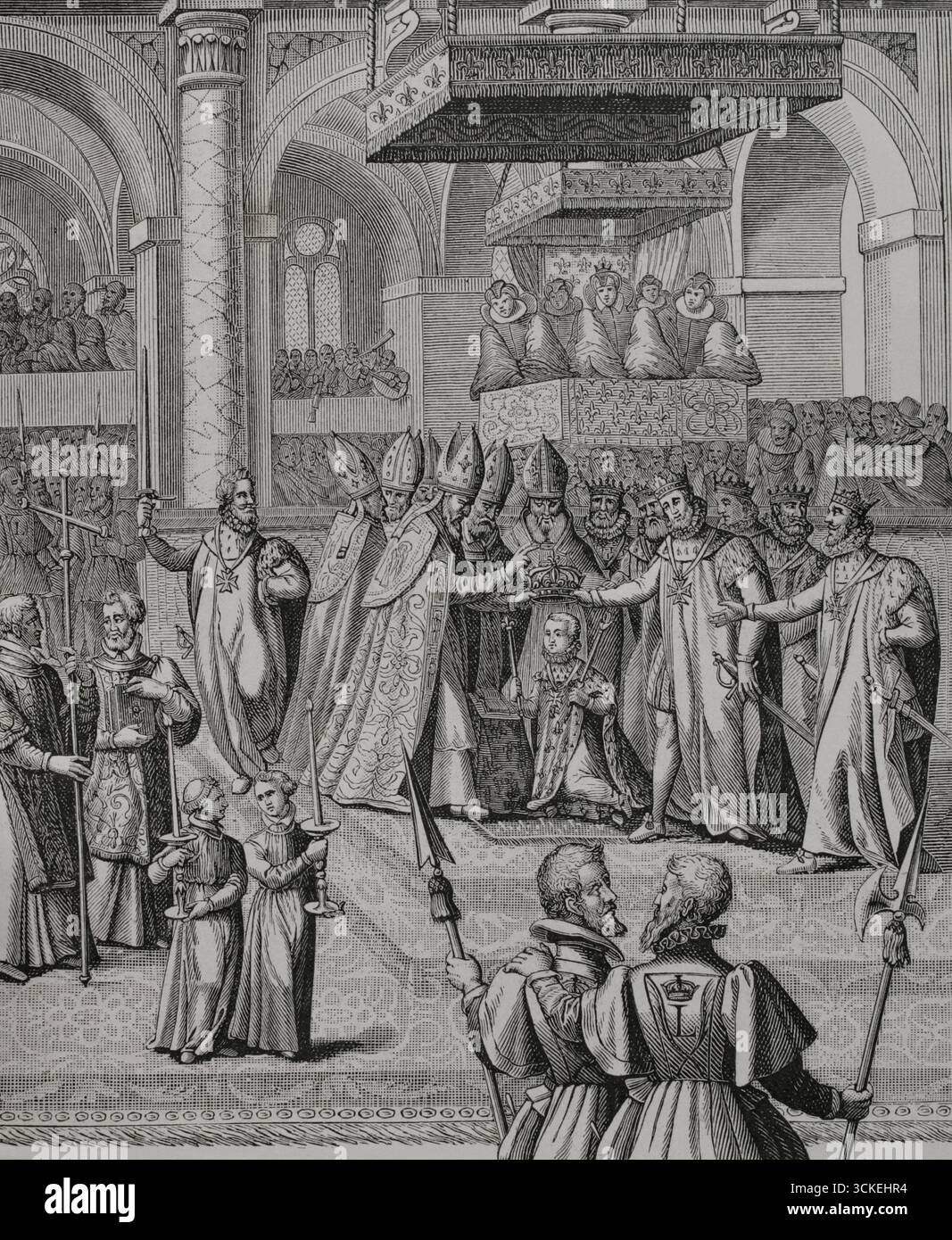 Louis XIII 'le juste' (1601-1643). Roi de France et de Navarre (1610-1643). Couronnement de Louis XIII à la cathédrale de Reims le 17 octobre 1610. Détail d'une gravure de Pierre Firens (1580-1638) d'après François Quesnel (c. 1543-1619). Les Blasons des armes de la Royale Maison de Bourbon de Gilles-André de la Roque (1598-1686). Paris, 1626. XVIIe siècle : lettres, sciences et arts, France 1590-1700 (XVIIe siècle : lettres, sciences et arts), par Paul Lacroix. Publié à Paris par librairie de Firmin-Didot et Cie, 1882. Banque D'Images