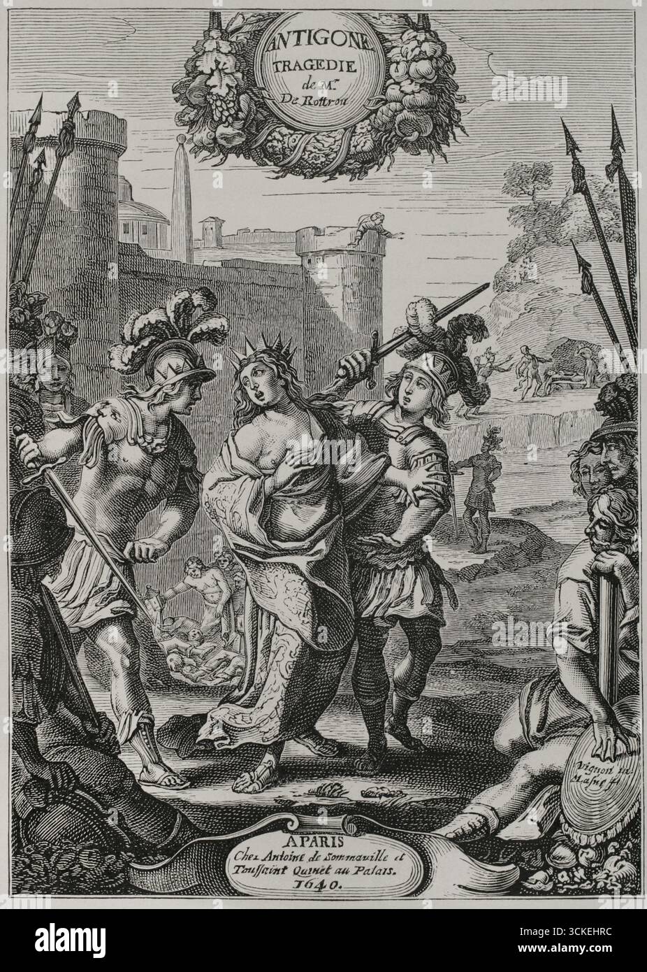 'Antigone'. Tragédie en cinq actes en vers, écrit par le dramaturge et poète français Jean de Rotrou (1609-1650) en 1636 ou 1637. Il a été créé pour la première fois au Hôtel de Bourgogne à Paris en 1637, bien qu'il ne soit publié qu'en 1639. Antigone est arrêté par les soldats de Créon pour avoir cherché à donner à ses frères un enterrement honorable. Illustration pour le frontispice de la pièce, dessinée et gravée par Claude Vignon (1593-1670) et Michel Lasne (1595-1667). Paris, chez Antoine de Sommaville et Toussaint Quinet, 1640 (tel qu'il apparaît sur le frontispice). XVIIme siècle : lettres, sciences et arts, France Banque D'Images 'Antigone'. Tragédie en cinq actes en vers, écrit par le dramaturge et poète français Jean de Rotrou (1609-1650) en 1636 ou 1637. Il a été créé pour la première fois au Hôtel de Bourgogne à Paris en 1637, bien qu'il ne soit publié qu'en 1639. Antigone est arrêté par les soldats de Créon pour avoir cherché à donner à ses frères un enterrement honorable. Illustration pour le frontispice de la pièce, dessinée et gravée par Claude Vignon (1593-1670) et Michel Lasne (1595-1667). Paris, chez Antoine de Sommaville et Toussaint Quinet, 1640 (tel qu'il apparaît sur le frontispice). XVIIme siècle : lettres, sciences et arts, France Banque D'Images