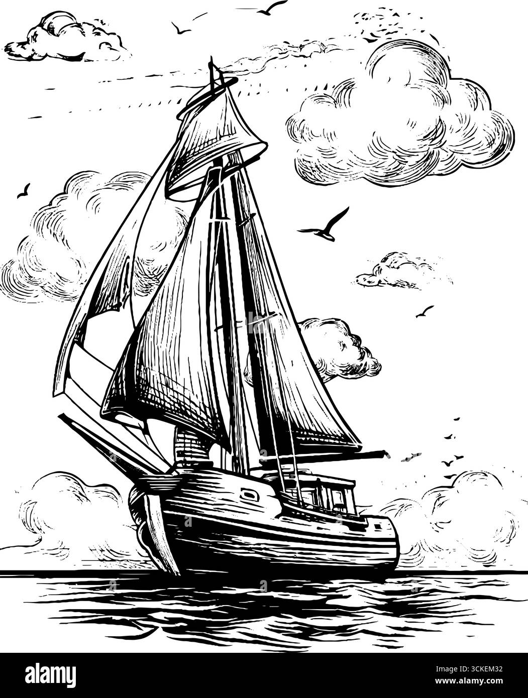 Illustration de bateau à voile gravé vintage dans un style noir audacieux pour la conception nautique. Illustration de Vecteur