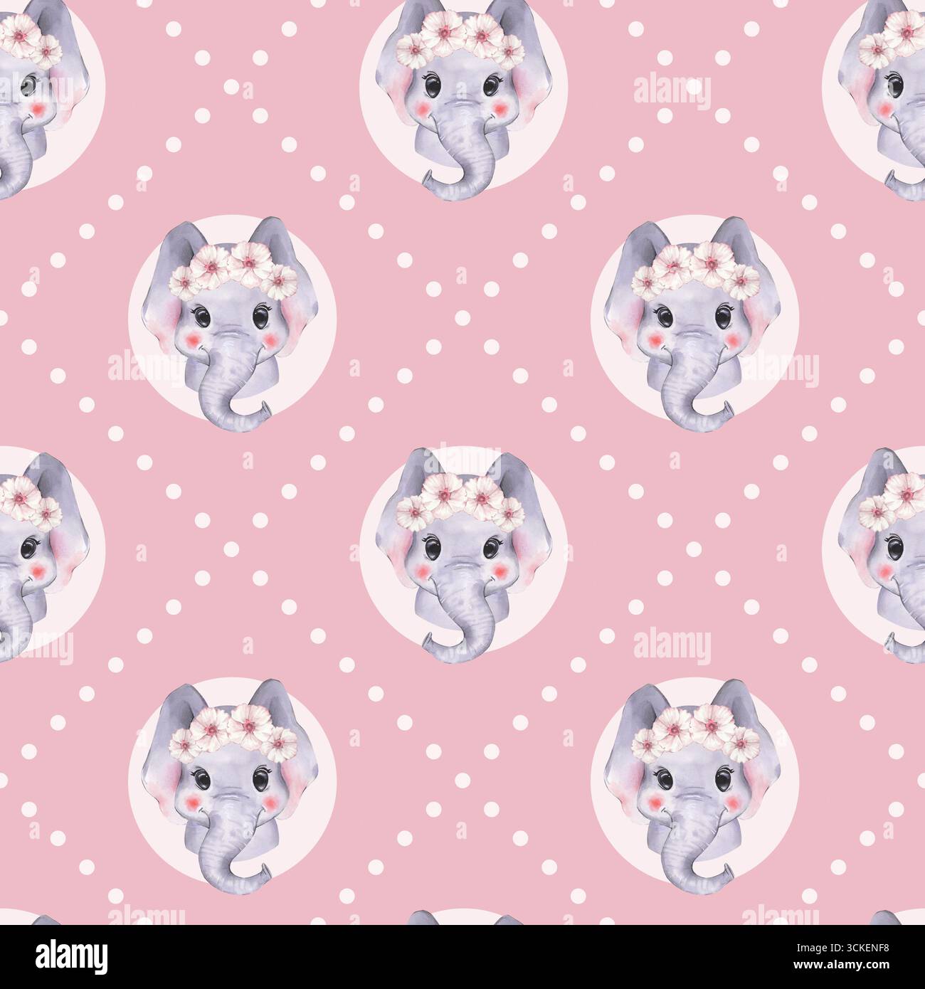 Mignon bébé fille tout-petit éléphant. Motif aquarelle sans couture Banque D'Images