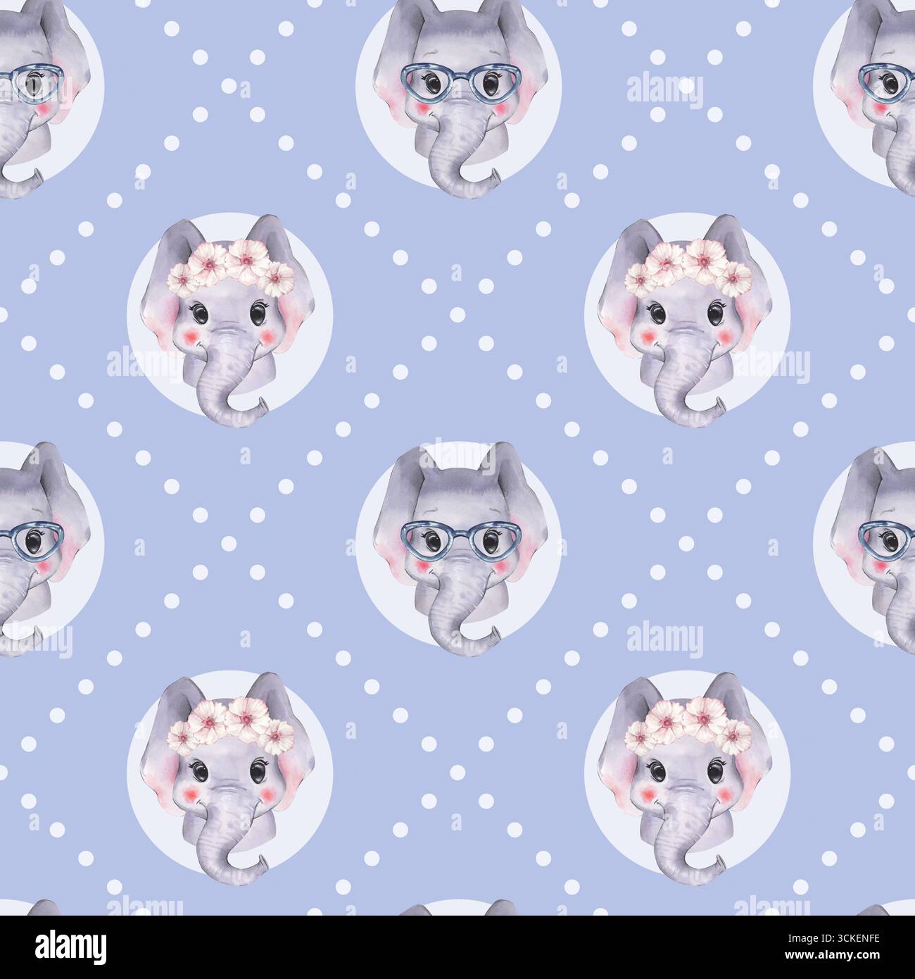 Mignon bébé garçon et fille tout-petit éléphant. Motif aquarelle sans couture. Banque D'Images