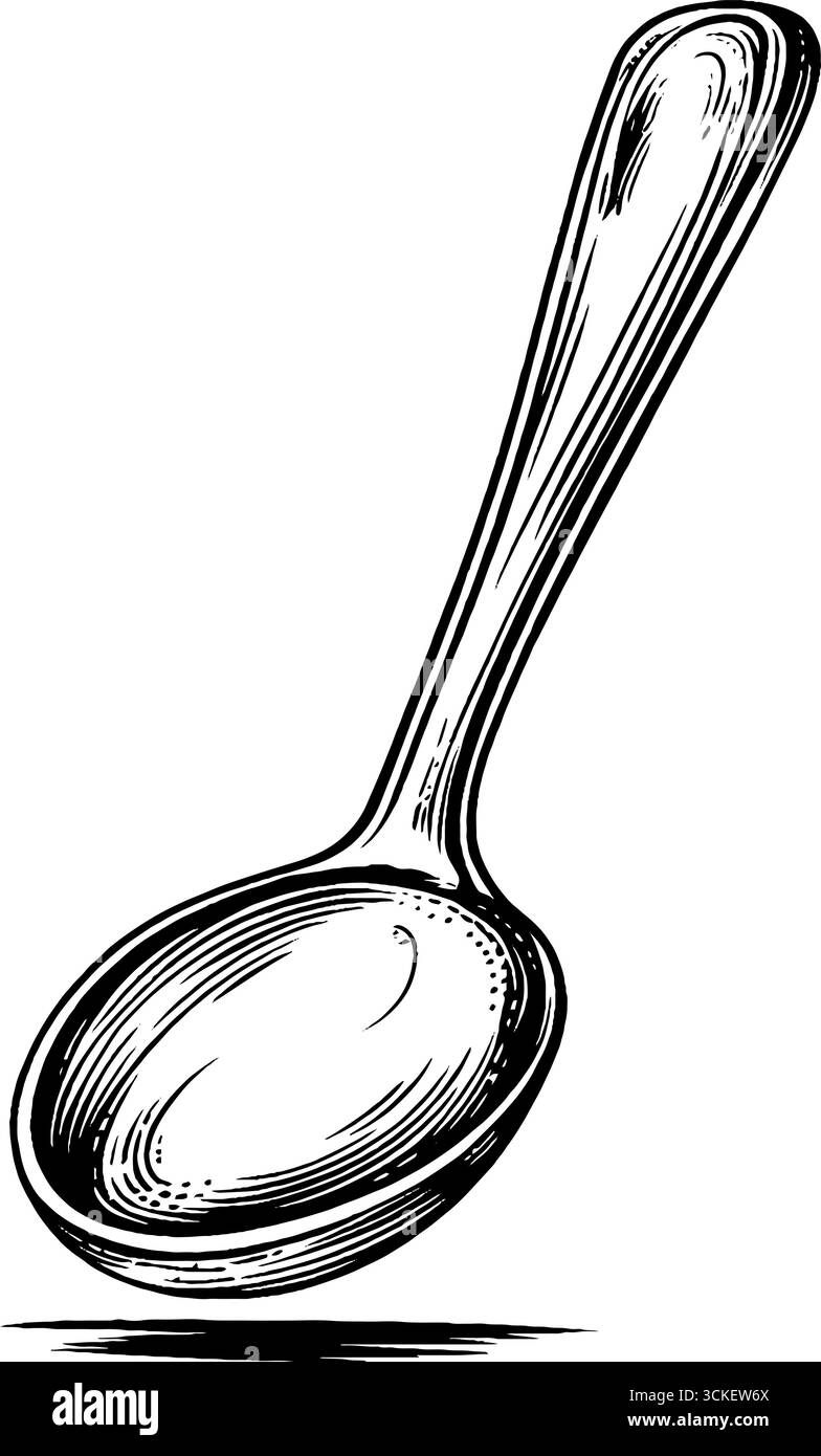 Croquis de cuillère gravée vintage dans des lignes noires audacieuses pour des projets de design rétro. Illustration de Vecteur