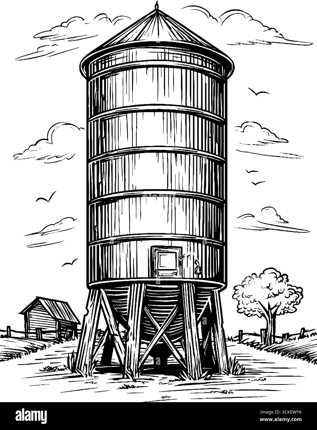 Illustration gravée vintage d'un silo rural avec des lignes noires audacieuses pour un décor de ferme et un design rustique. Illustration de Vecteur Illustration gravée vintage d'un silo rural avec des lignes noires audacieuses pour un décor de ferme et un design rustique. Illustration de Vecteur