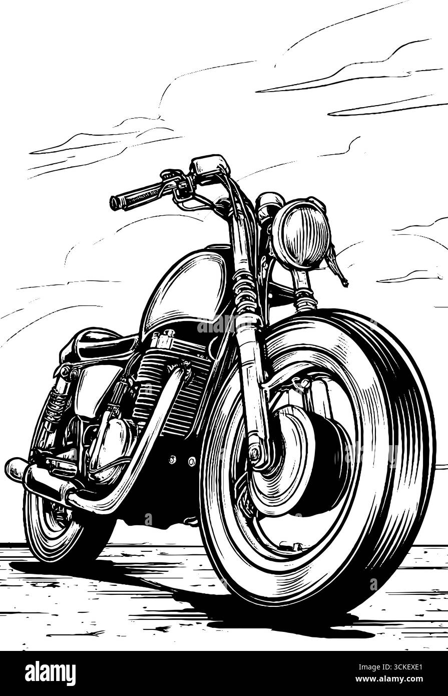 Croquis de gravure de moto vintage - design rétro pour impression et affiche. Illustration de Vecteur