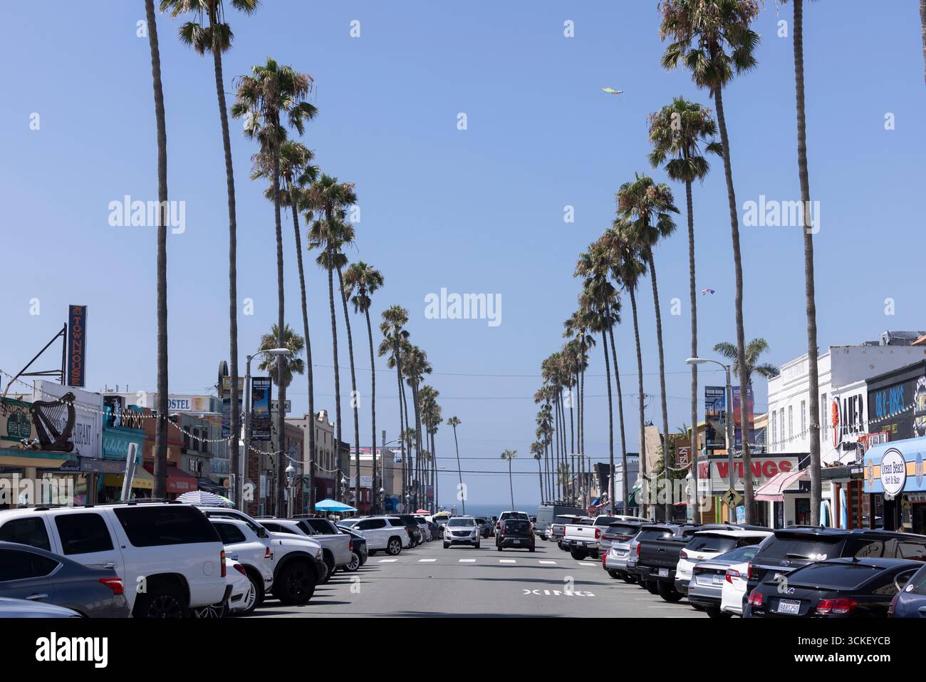 San Diego, Californie, États-Unis - 27 août 2023 : les palmiers bordent Newport Ave et les vitrines du centre-ville historique d'Ocean Beach. Banque D'Images