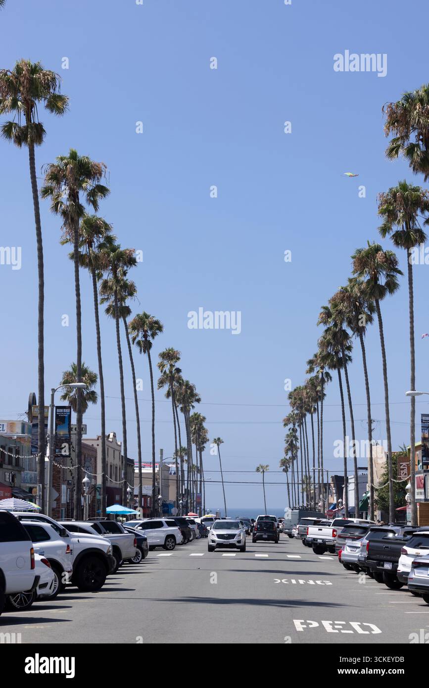 San Diego, Californie, États-Unis - 27 août 2023 : les palmiers bordent Newport Ave et les vitrines du centre-ville historique d'Ocean Beach. Banque D'Images