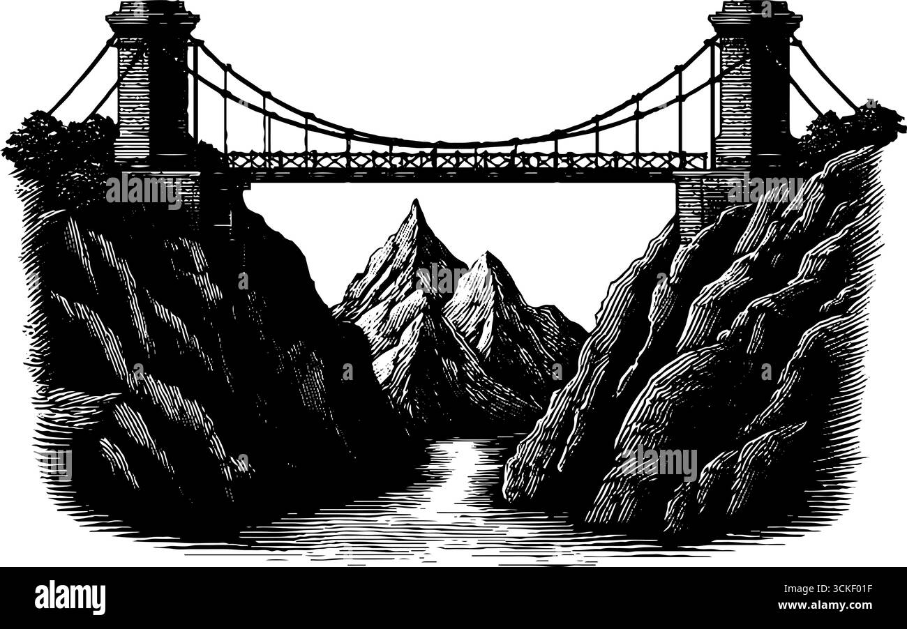 Gravure vintage dessinée à la main d'un pont de corde au-dessus des montagnes avec la rivière ci-dessous. Illustration de Vecteur