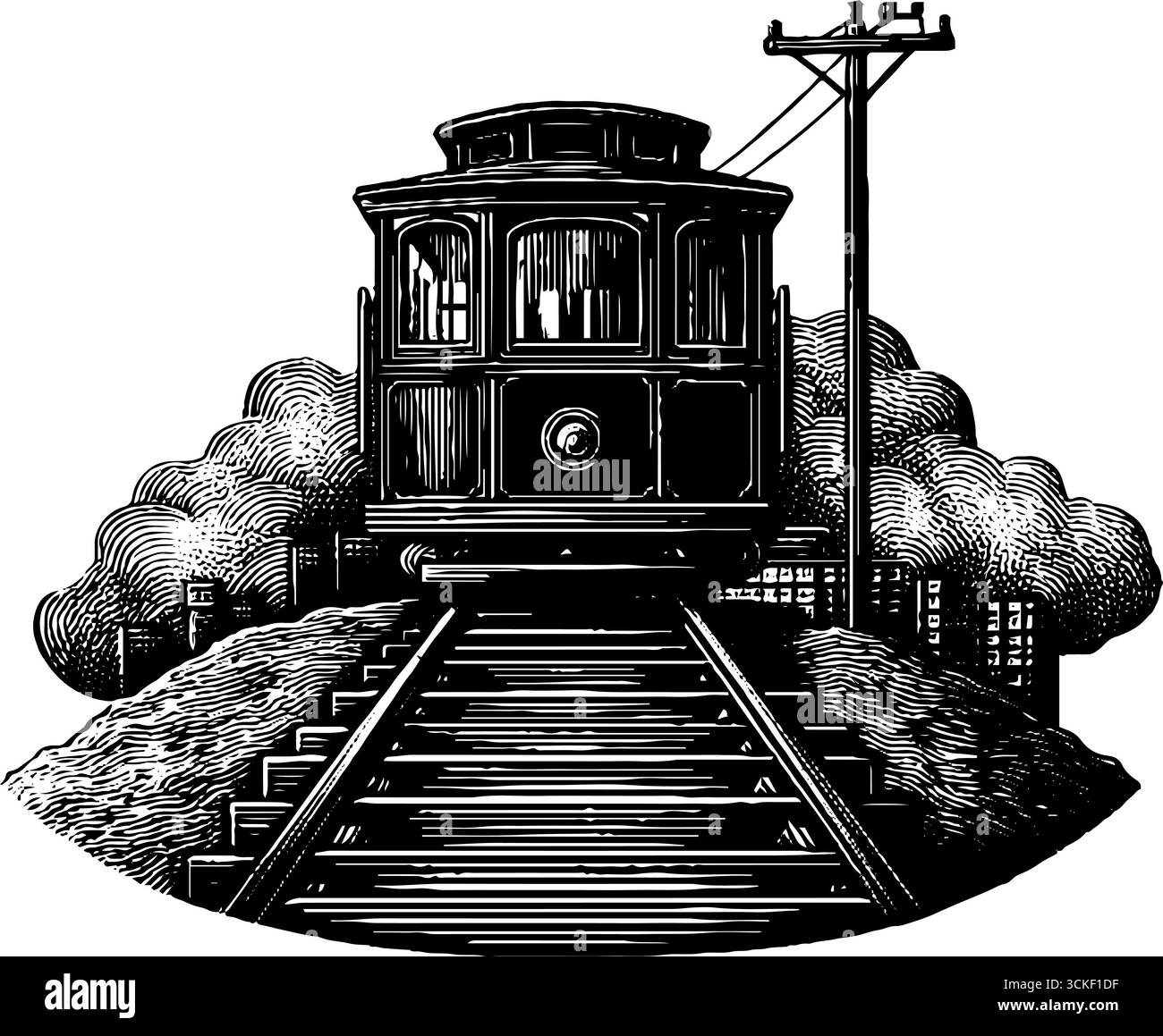 Gravure de chariot de tramway à vapeur vintage - conception de transport rétro pour affiches et impressions. Illustration de Vecteur