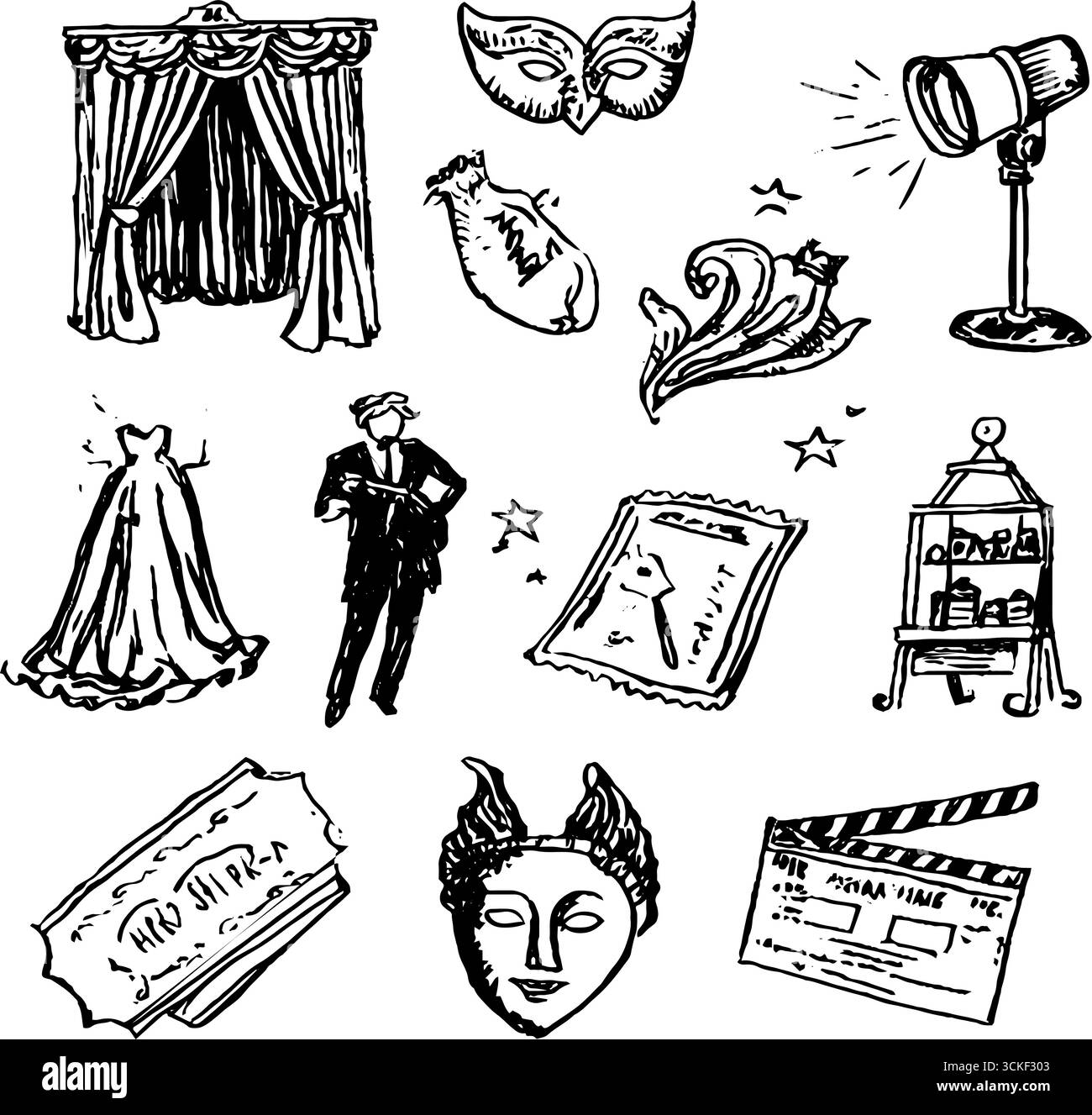 Icônes du théâtre et du cinéma : collection de croquis dessinés à la main en noir et blanc pour un design créatif. Illustration de Vecteur