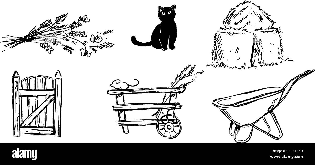 Ensemble de croquis noir et blanc de balles de foin de chat brouette et outils agricoles. Illustration de Vecteur