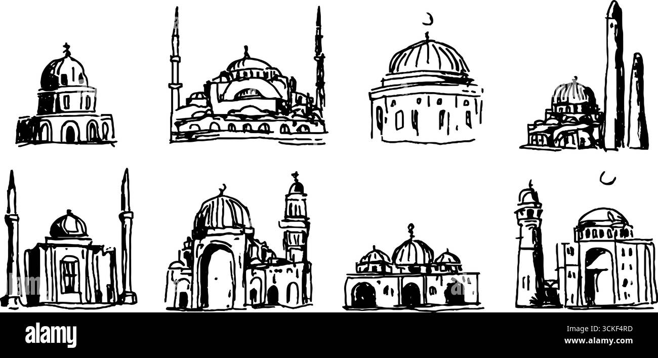 Collection de croquis de mosquée en noir et blanc pour des projets de conception religieuse et culturelle. Illustration de Vecteur