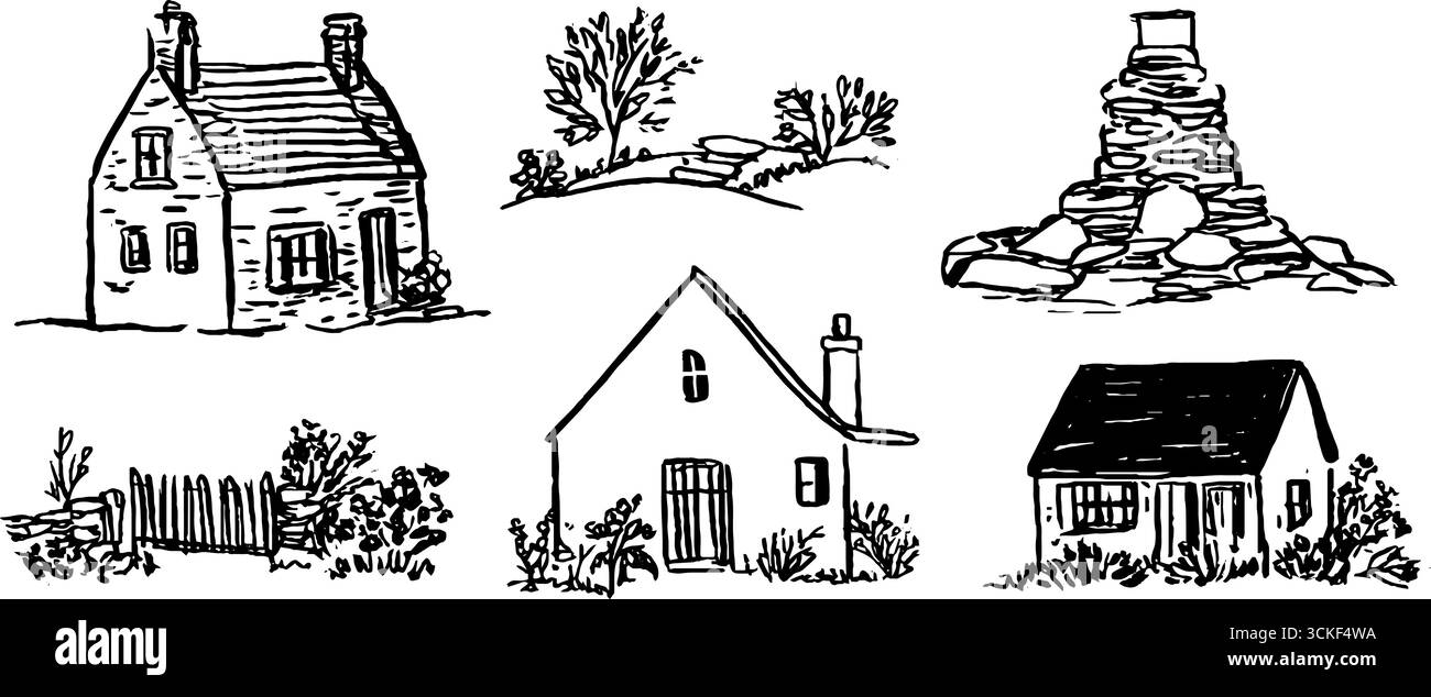 Collection de cottage rustique en croquis noir et blanc pour les projets de design et de décoration. Illustration de Vecteur