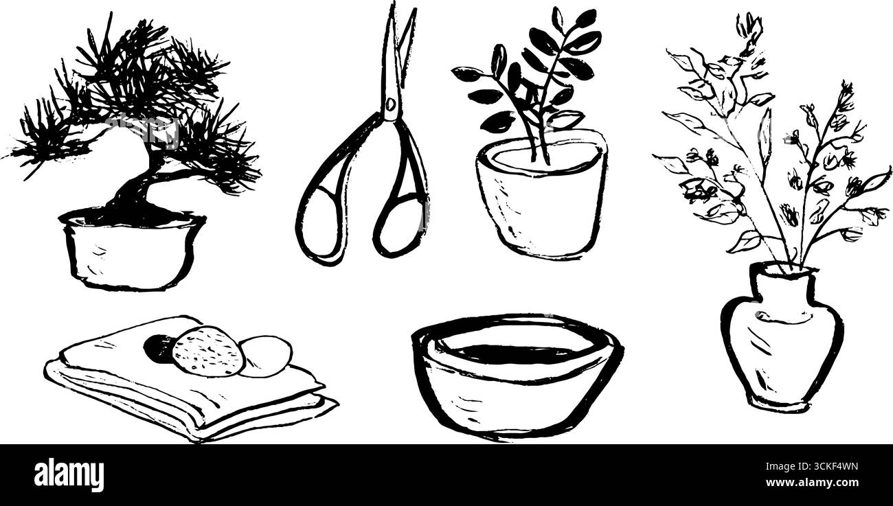 Bonsaï noir et blanc et ensemble de croquis botaniques pour le design et la décoration. Illustration de Vecteur