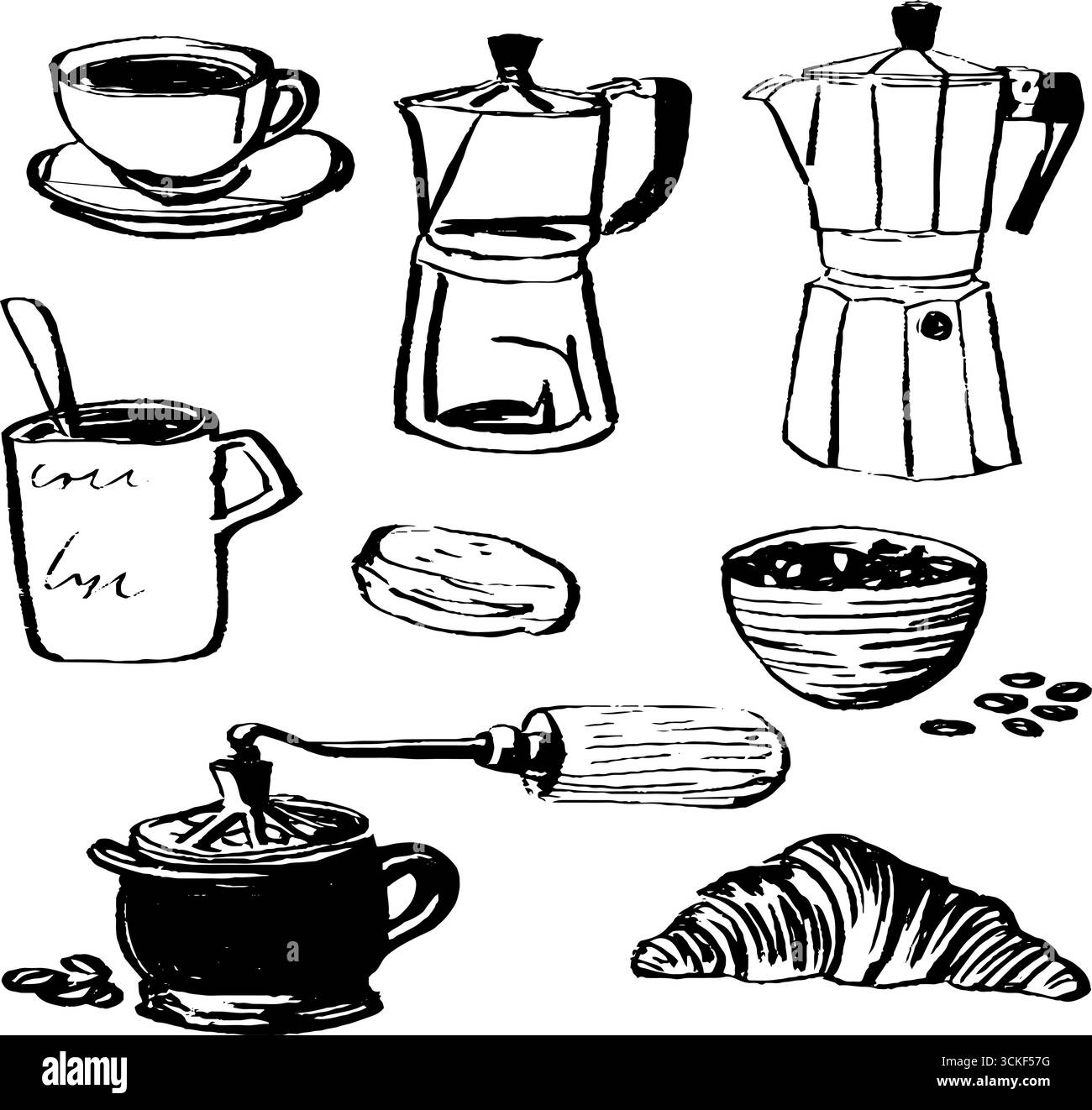 Croquis de set de café noir et blanc pour la décoration de café et les concepts de design. Illustration de Vecteur Croquis de set de café noir et blanc pour la décoration de café et les concepts de design. Illustration de Vecteur