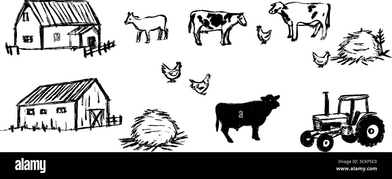 Ensemble de croquis de scène de ferme noir et blanc avec des animaux et des tracteurs pour un design rustique. Illustration de Vecteur