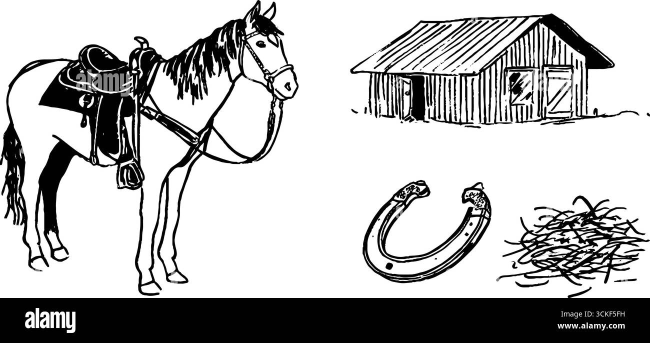 Collection de croquis de cheval noir et blanc avec grange et fer à cheval pour un design rustique. Illustration de Vecteur