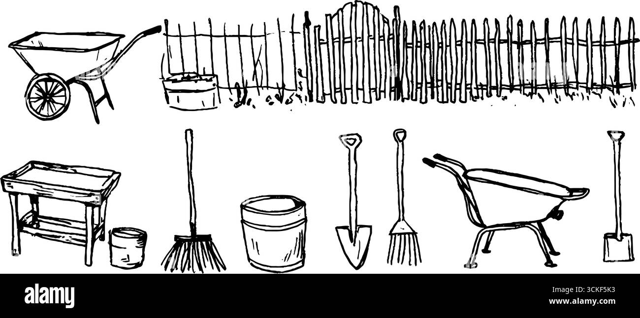 Croquis en noir et blanc dessinés à la main d'outils agricoles et de clôtures pour la conception et l'impression. Illustration de Vecteur