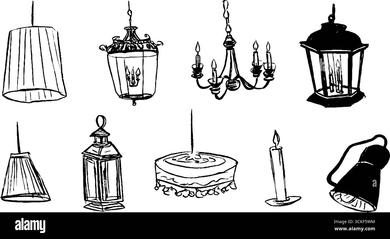 Ensemble de dessins dessinés à la main noir et blanc de conceptions de lampe pour l'inspiration décorative. Illustration de Vecteur
