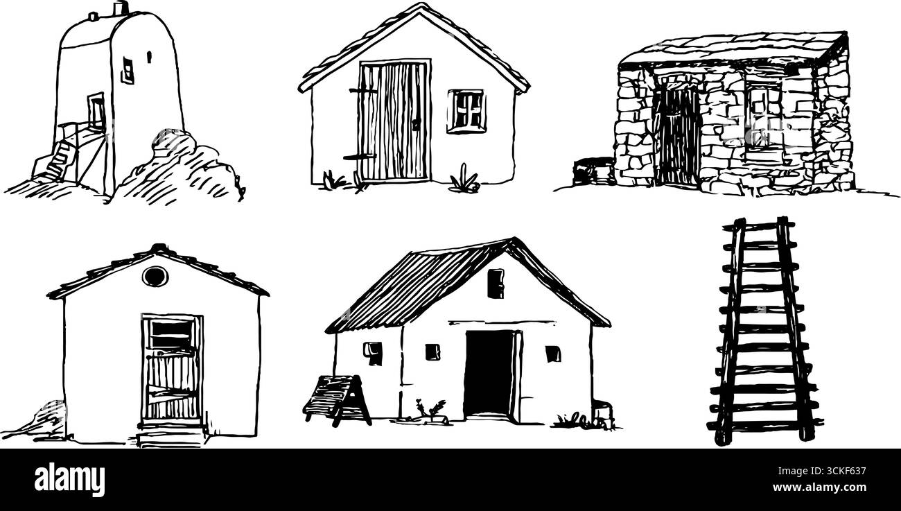 Moulin à vent rustique et ensemble de croquis de bâtiments pour la conception artistique et la décoration. Illustration de Vecteur