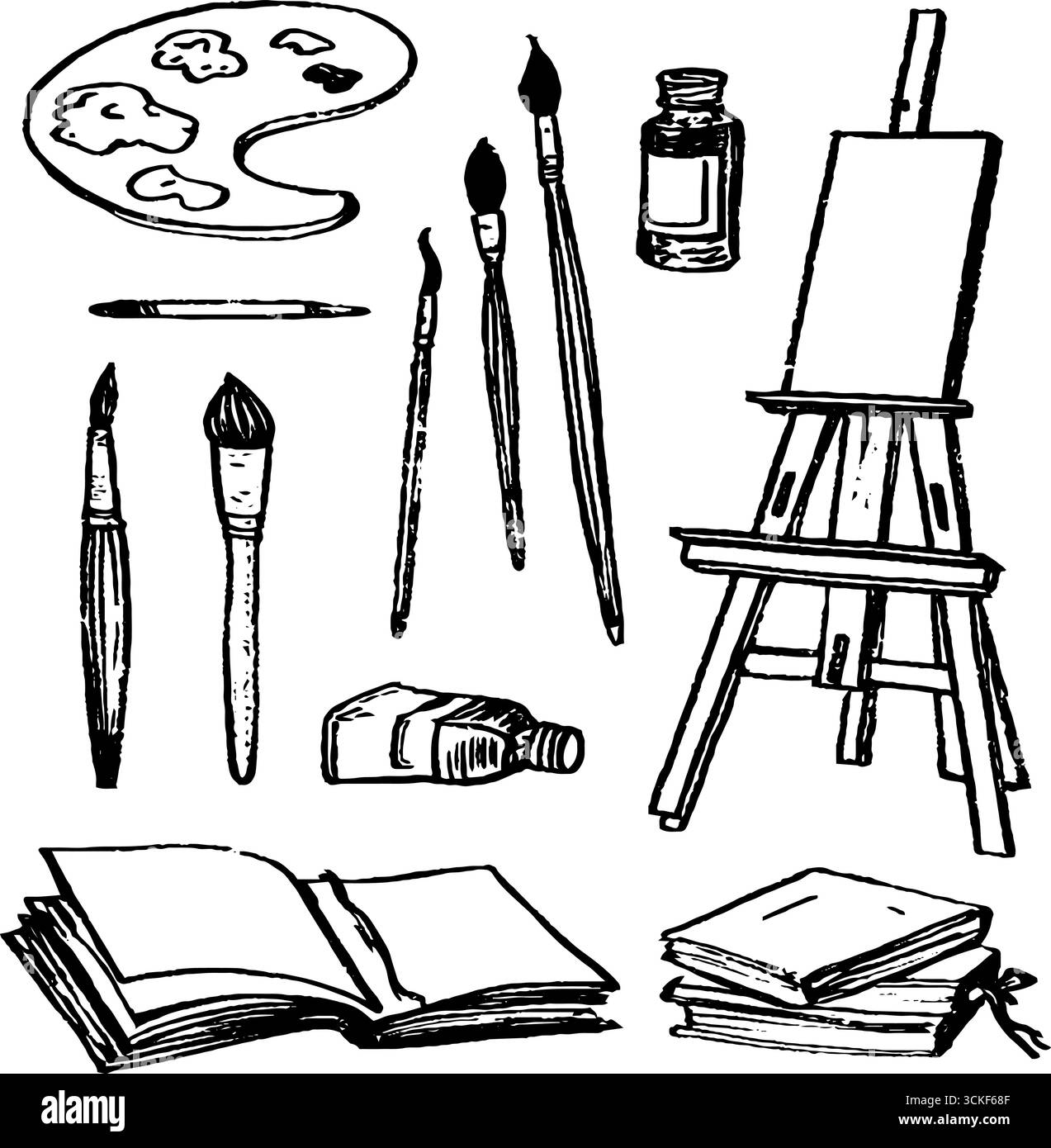 Collection d'outils artistiques en noir et blanc dessiné à la main style croquis. Illustration de Vecteur