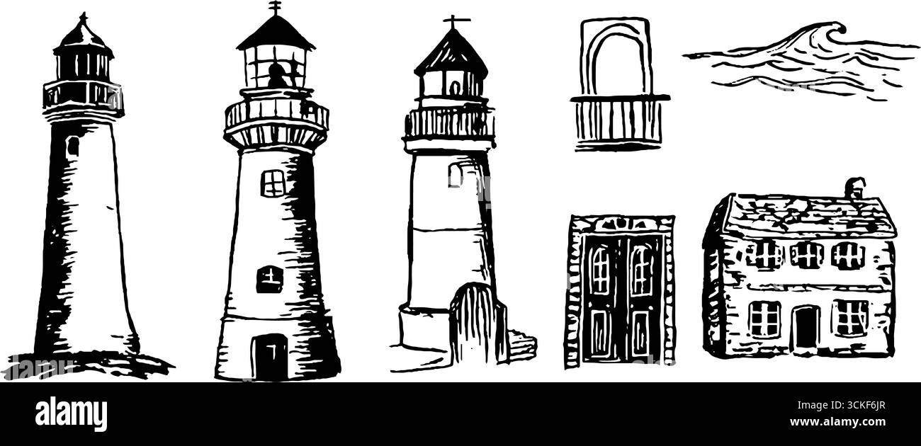 Phare noir et blanc et collection de croquis d'éléments nautiques pour le design décoratif. Illustration de Vecteur