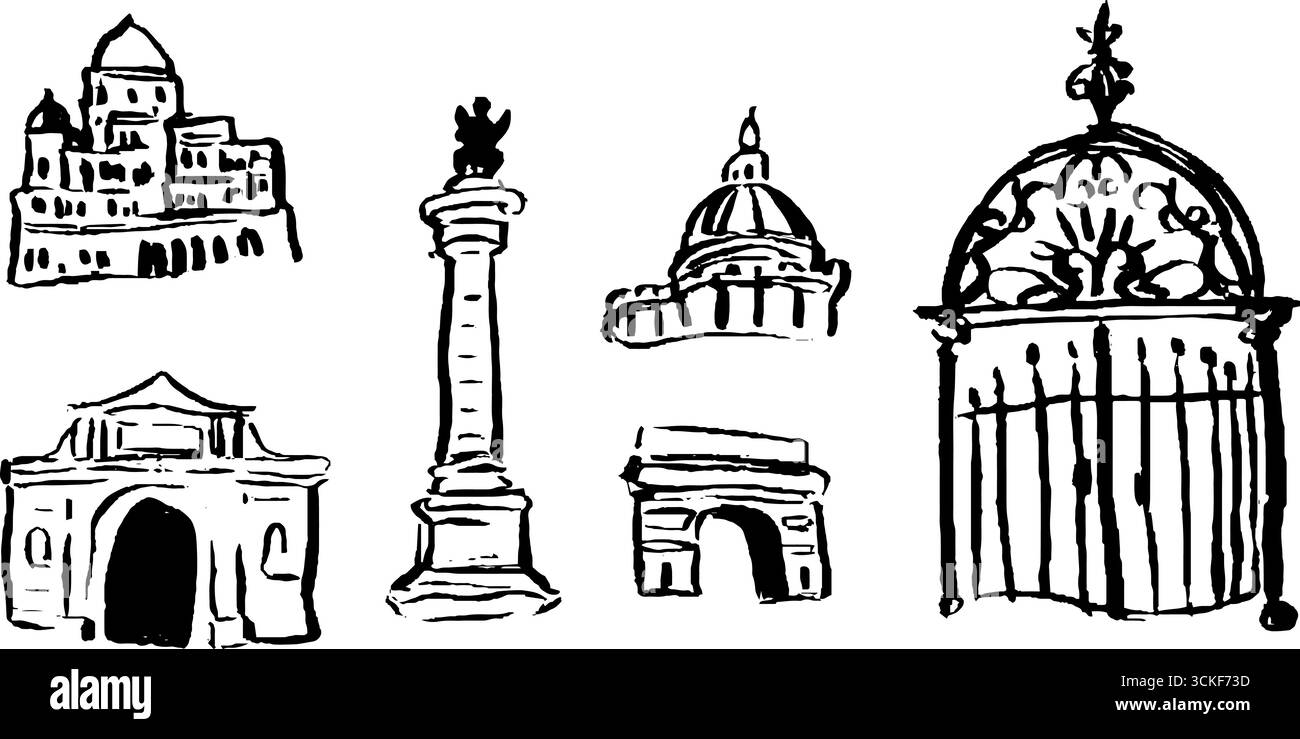 Collection de croquis en noir et blanc de palais et monuments historiques. Illustration de Vecteur
