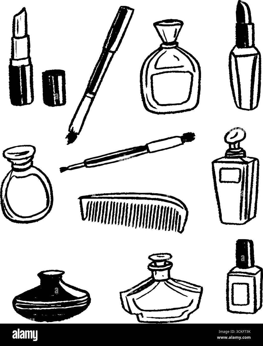 Collection de maquillage et de parfum dessinée à la main avec des croquis de rouge à lèvres et de pinceau. Illustration de Vecteur